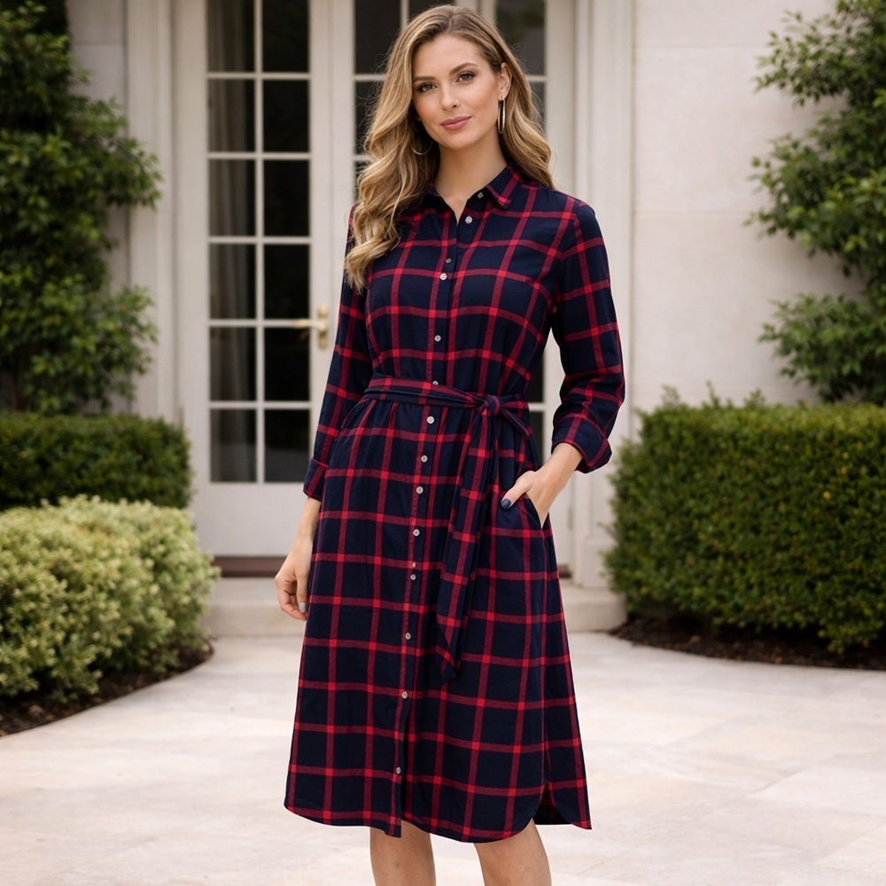J. Crew Classic Plaid Button-Up Midi Dress Size 14